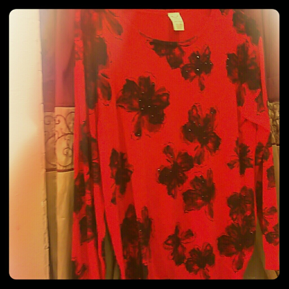 Red sweater with black  roses beaded